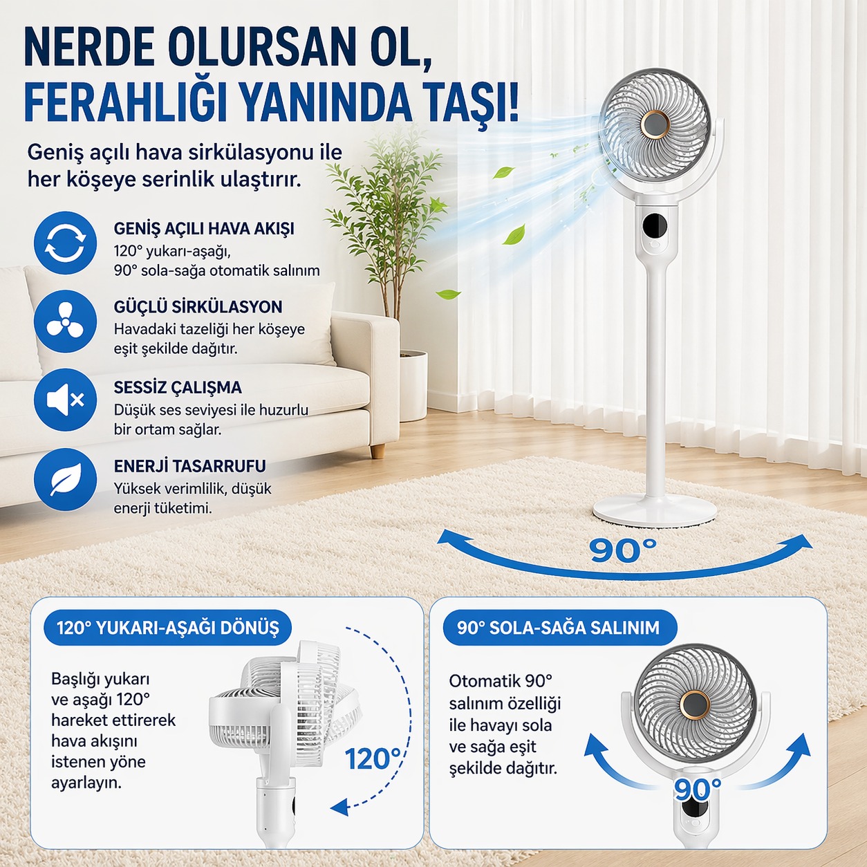 Şarjlı Vantilatör 5 Modlu Ayarlanabilir Masa Üstü ve Kule Tipi  9 Saat Zamanlayıcılı Taşınabilir Vantilatör Uzaktan Kumandalı