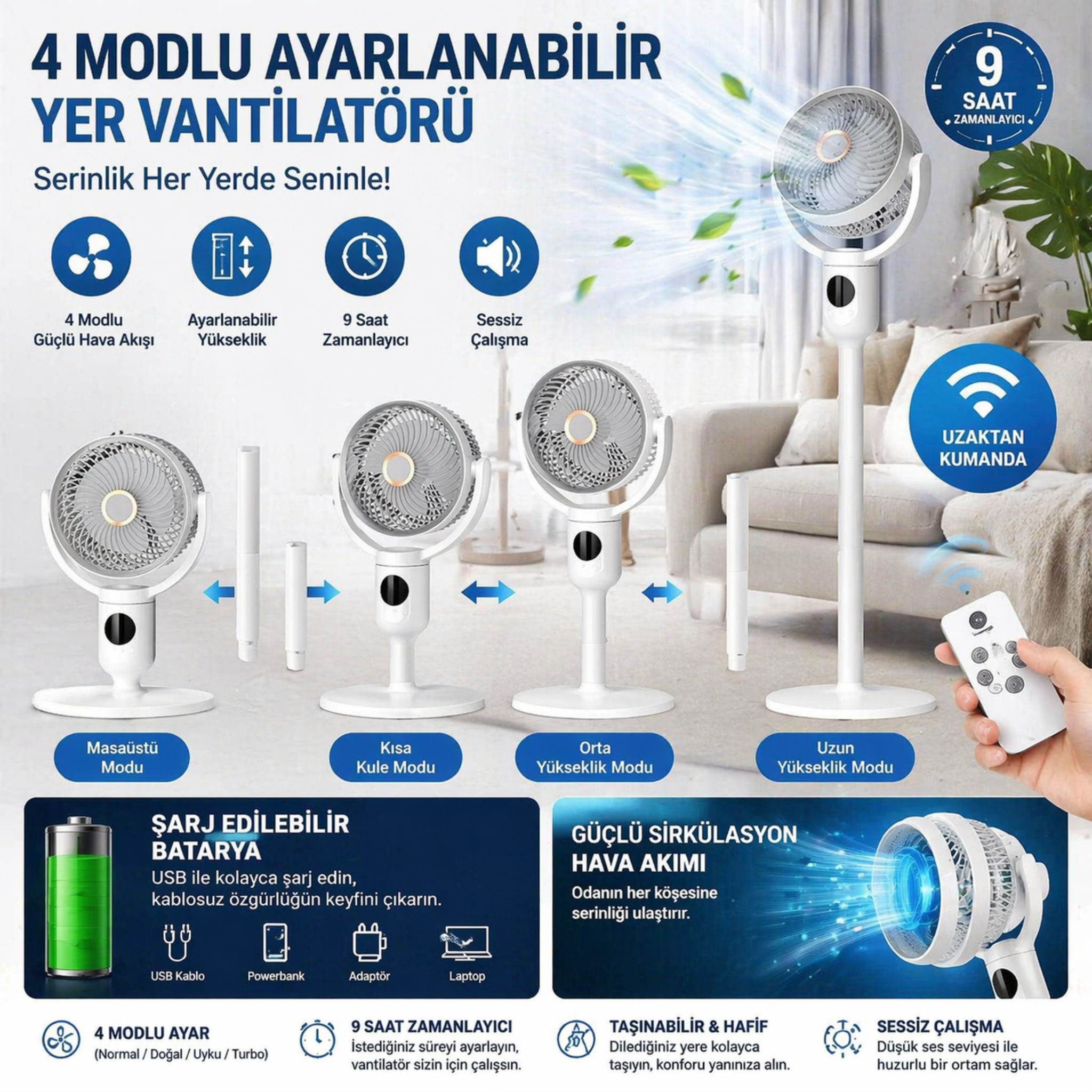 Şarjlı Vantilatör 5 Modlu Ayarlanabilir Masa Üstü ve Kule Tipi  9 Saat Zamanlayıcılı Taşınabilir Vantilatör Uzaktan Kumandalı
