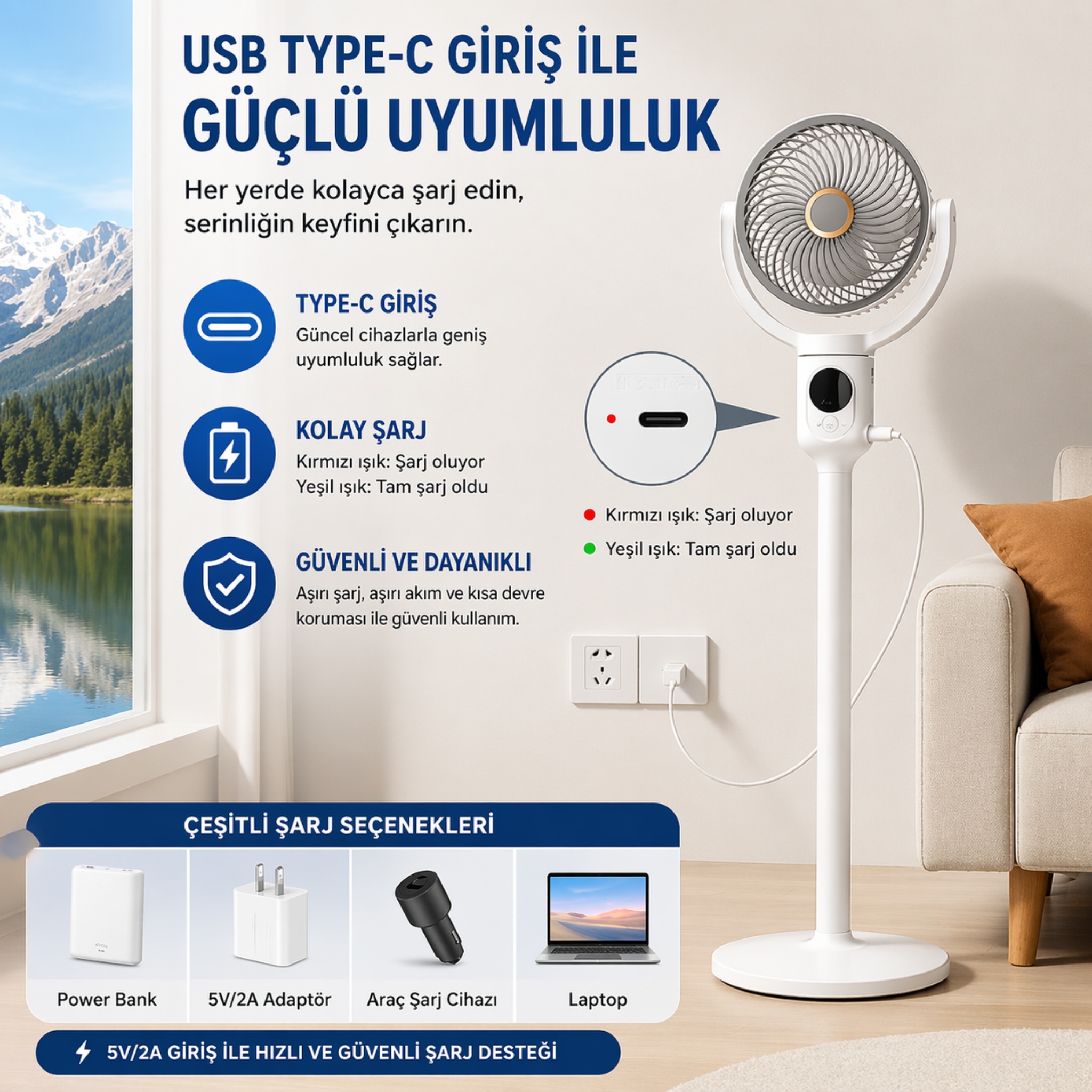 Şarjlı Vantilatör 5 Modlu Ayarlanabilir Masa Üstü ve Kule Tipi  9 Saat Zamanlayıcılı Taşınabilir Vantilatör Uzaktan Kumandalı