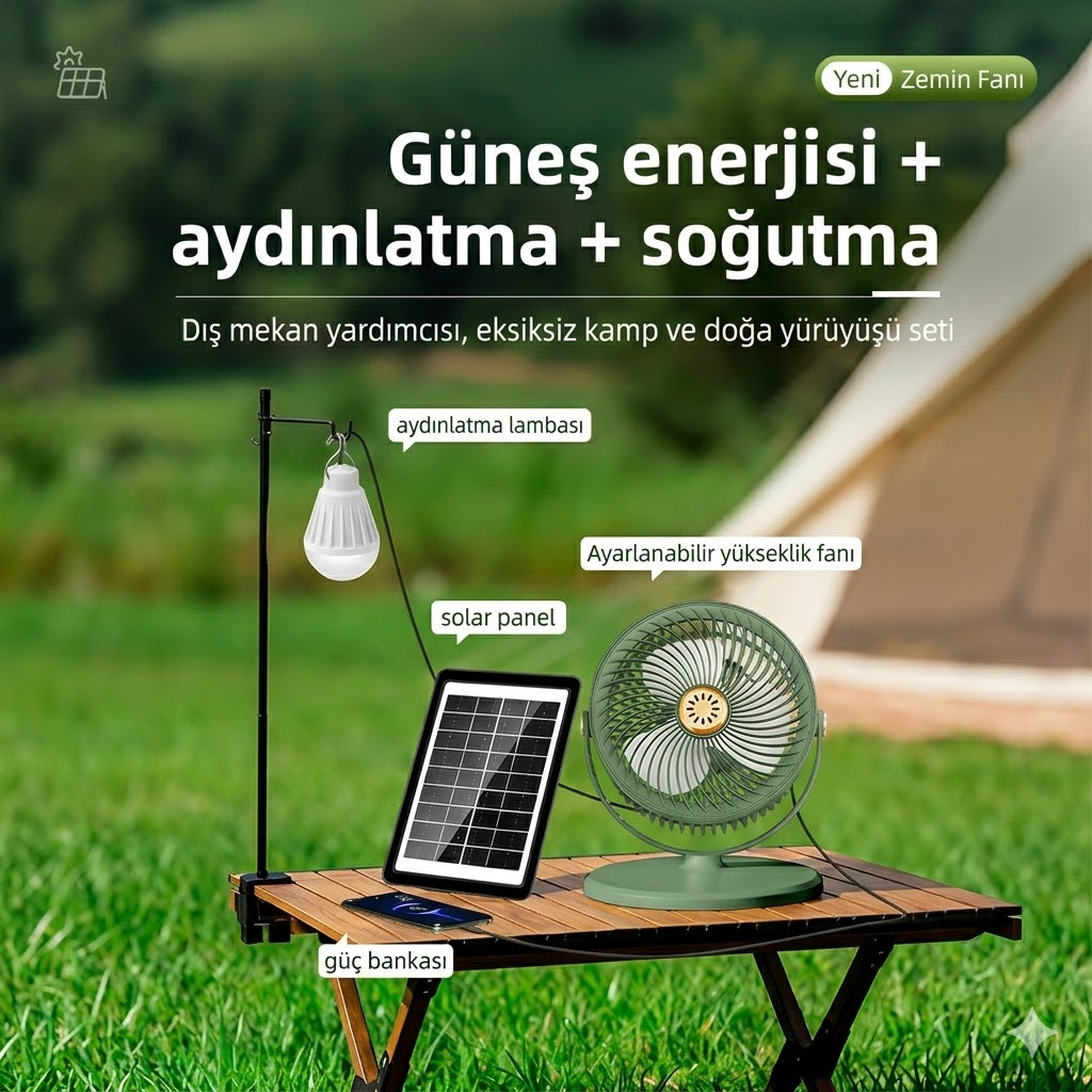 Solar Güneş Enerjili Taşınabilir Fan ve Aydınlatma Seti
