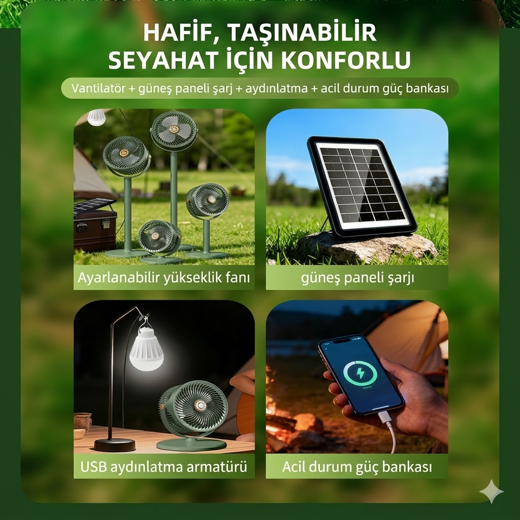 Solar Güneş Enerjili Taşınabilir Fan ve Aydınlatma Seti