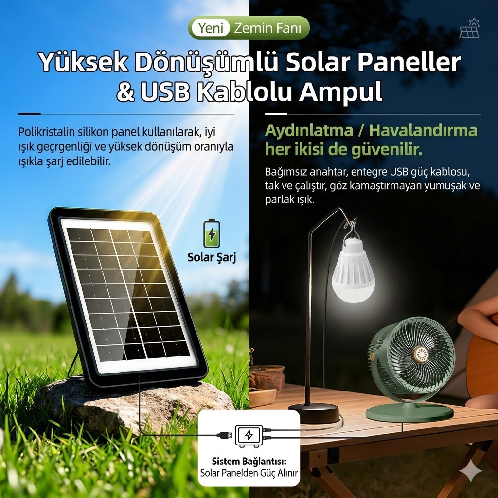 Solar Güneş Enerjili Taşınabilir Fan ve Aydınlatma Seti