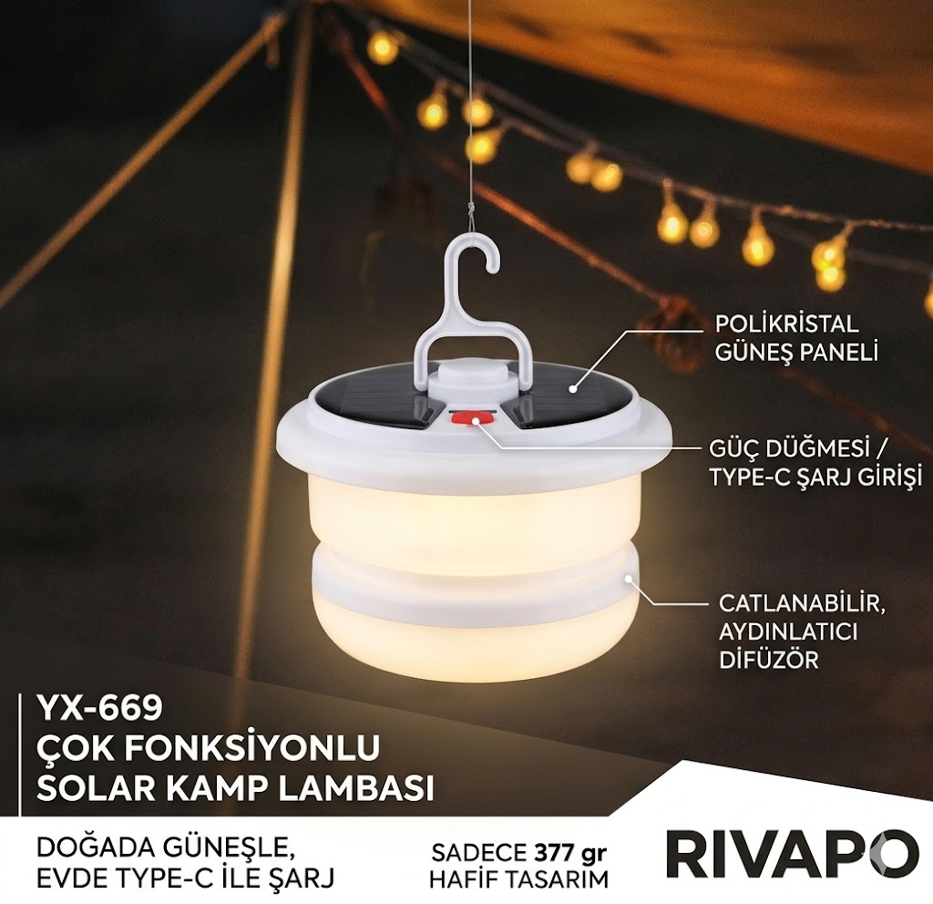 Güneş Enerjili Şerit Ledli Kamp Lambası - 15 Farklı Işık Modu & Type-C Hızlı Şarj