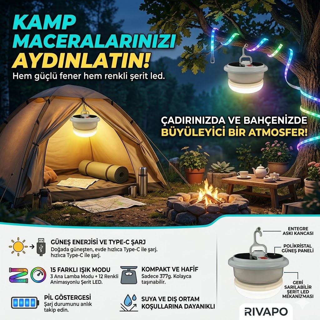 Güneş Enerjili Şerit Ledli Kamp Lambası - 15 Farklı Işık Modu & Type-C Hızlı Şarj