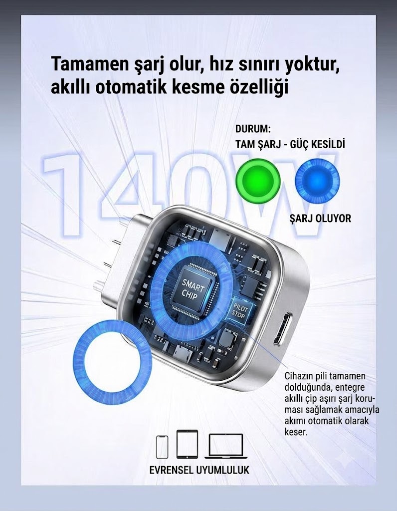 Akıllı Otomatik Durdurma Şarj Adaptörü, Type-C 140W Hızlı Şarj Otomatik Çıkarma ve Aşırı Şarj Koruması