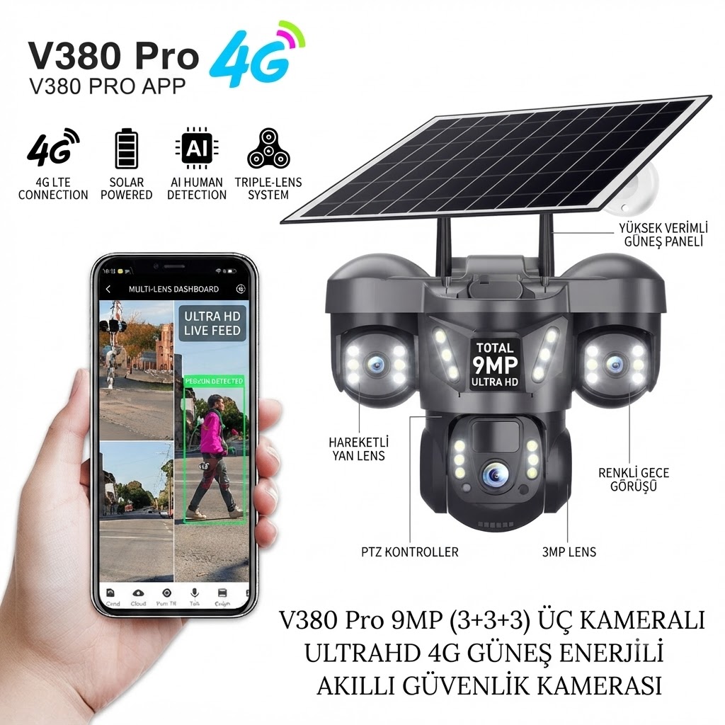 3 Kameralı 4G Sim Kartlı Solar Güvenlik Kamerası Dış Mekan Gece Görüşlü Güneş Panelli Kamera