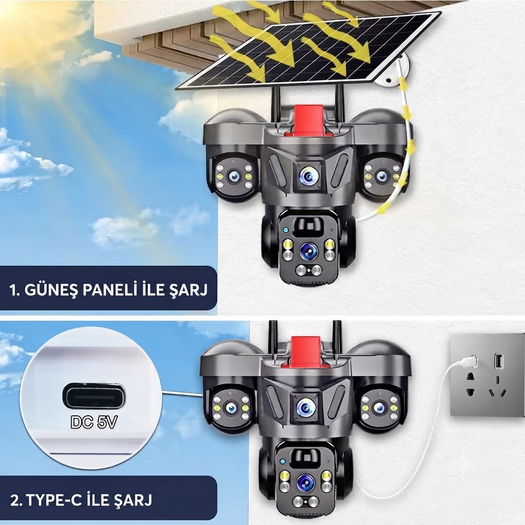 3 Kameralı 4G Sim Kartlı Solar Güvenlik Kamerası Dış Mekan Gece Görüşlü Güneş Panelli Kamera