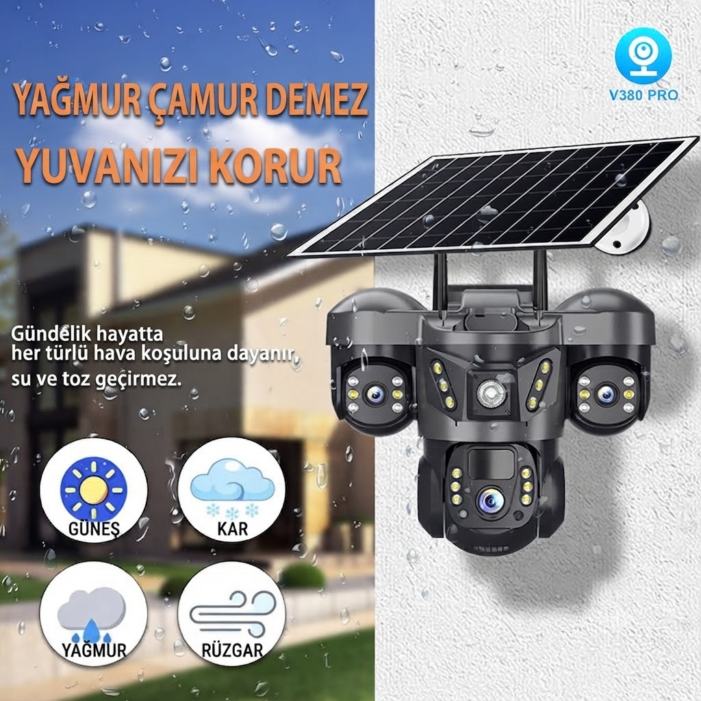 3 Kameralı 4G Sim Kartlı Solar Güvenlik Kamerası Dış Mekan Gece Görüşlü Güneş Panelli Kamera