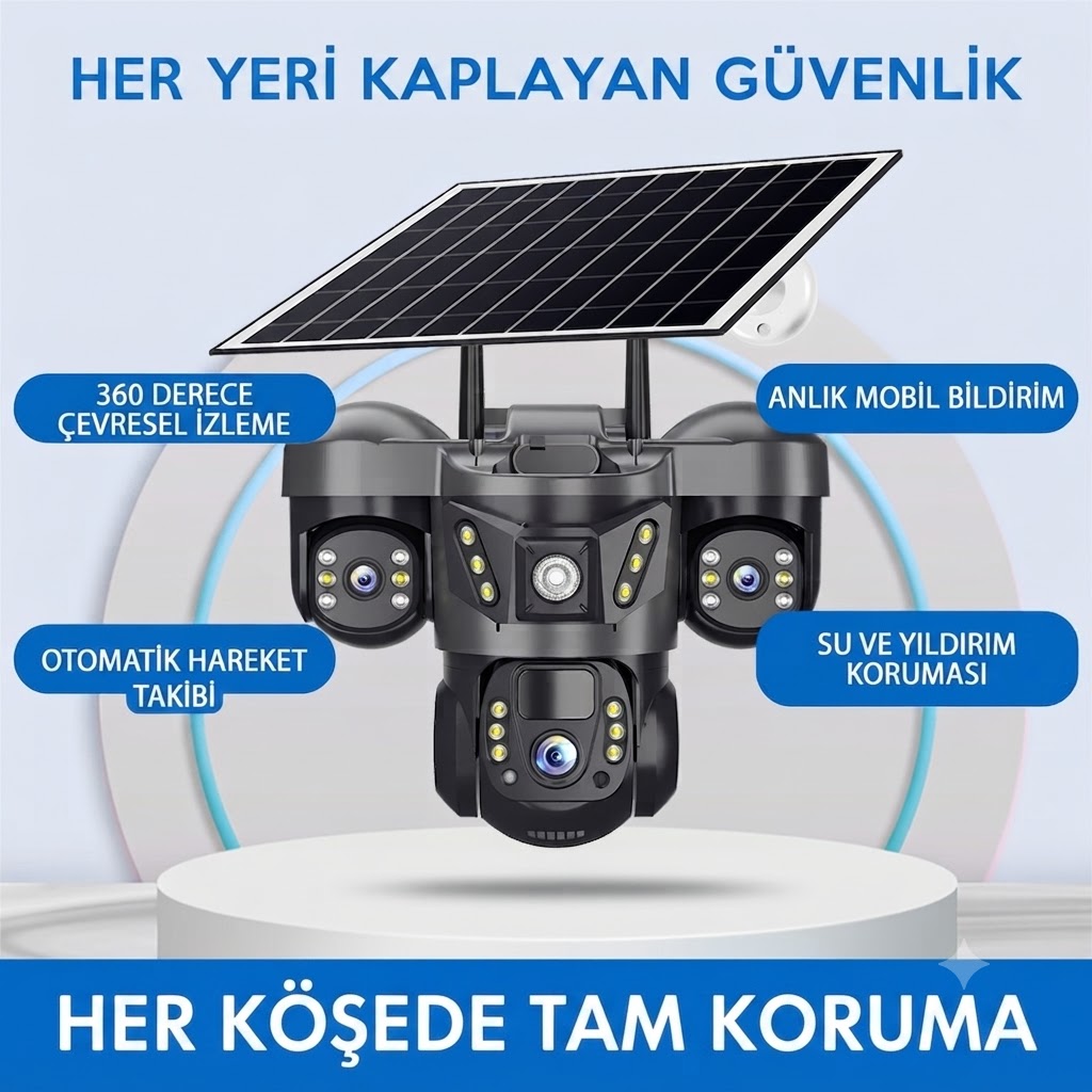 3 Kameralı 4G Sim Kartlı Solar Güvenlik Kamerası Dış Mekan Gece Görüşlü Güneş Panelli Kamera