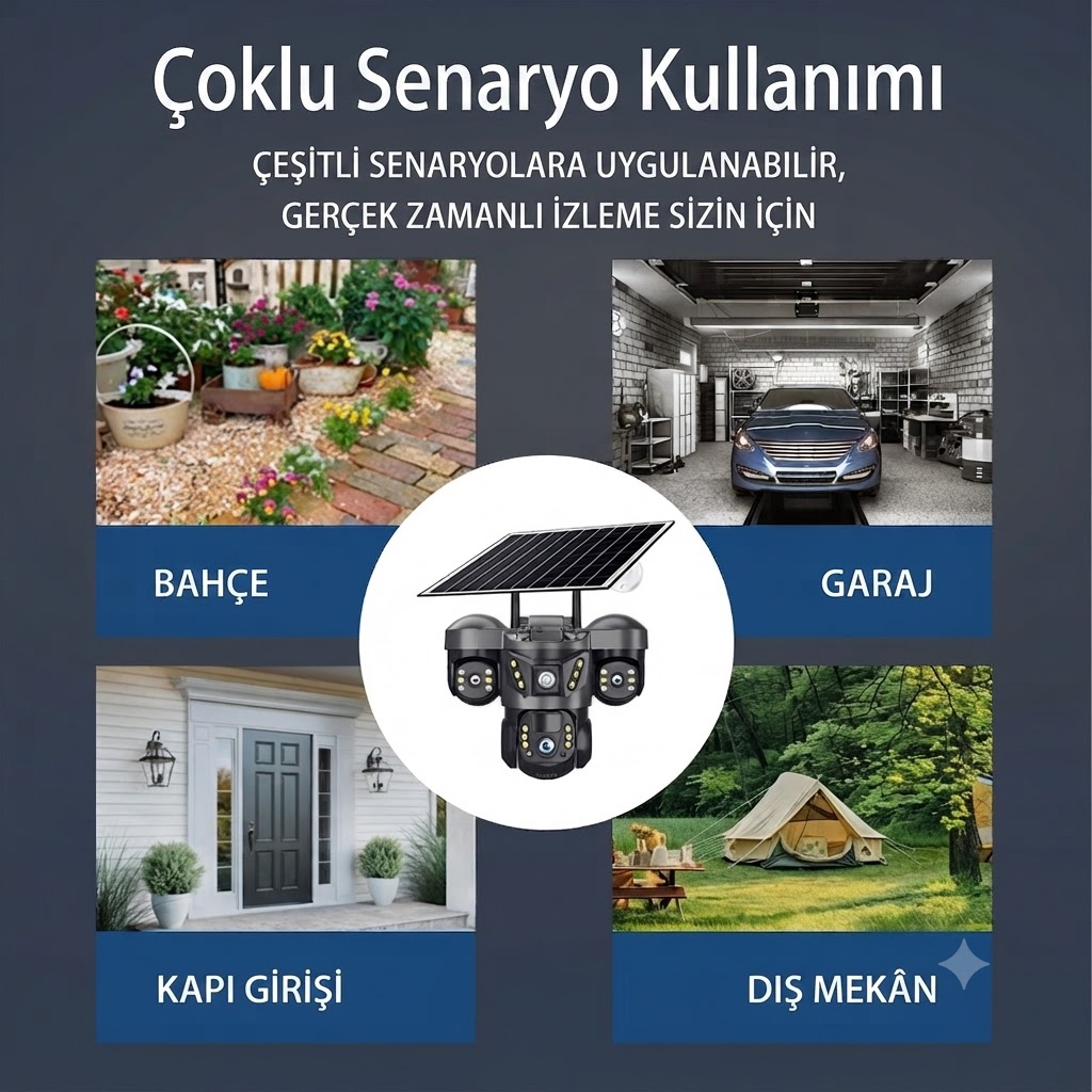 3 Kameralı 4G Sim Kartlı Solar Güvenlik Kamerası Dış Mekan Gece Görüşlü Güneş Panelli Kamera
