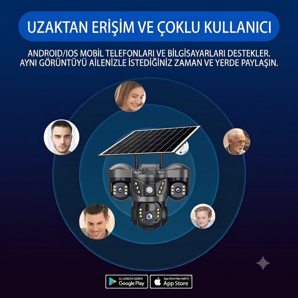 3 Kameralı 4G Sim Kartlı Solar Güvenlik Kamerası Dış Mekan Gece Görüşlü Güneş Panelli Kamera