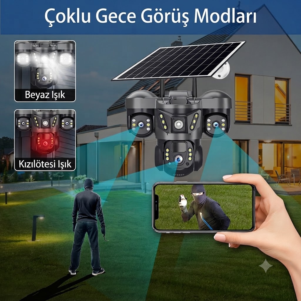 3 Kameralı 4G Sim Kartlı Solar Güvenlik Kamerası Dış Mekan Gece Görüşlü Güneş Panelli Kamera