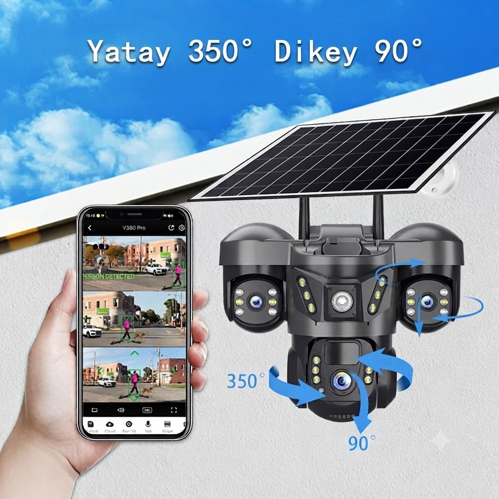 3 Kameralı 4G Sim Kartlı Solar Güvenlik Kamerası Dış Mekan Gece Görüşlü Güneş Panelli Kamera