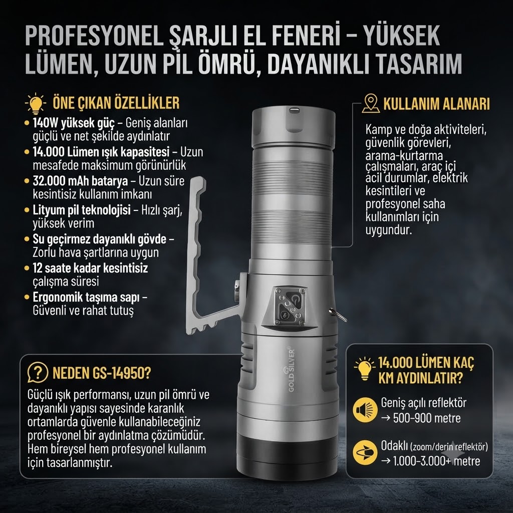 14.000 LÜMEN Profesyonel Şarjlı El Feneri – Yüksek Lümen, Uzun Pil Ömrü, Dayanıklı Tasarım