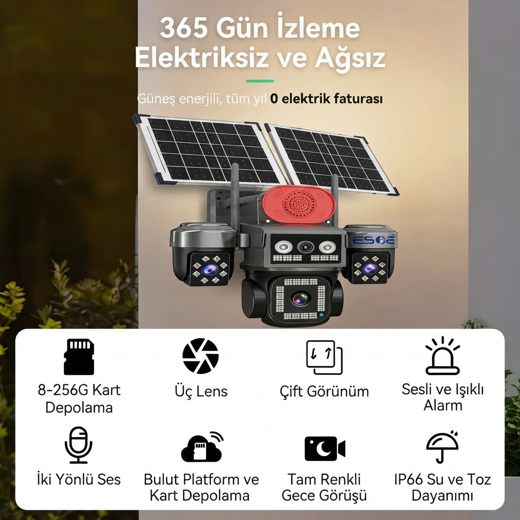 4G Çift Panelli, 4 Kameralı Solar Güvenlik Kamerası Sistemi