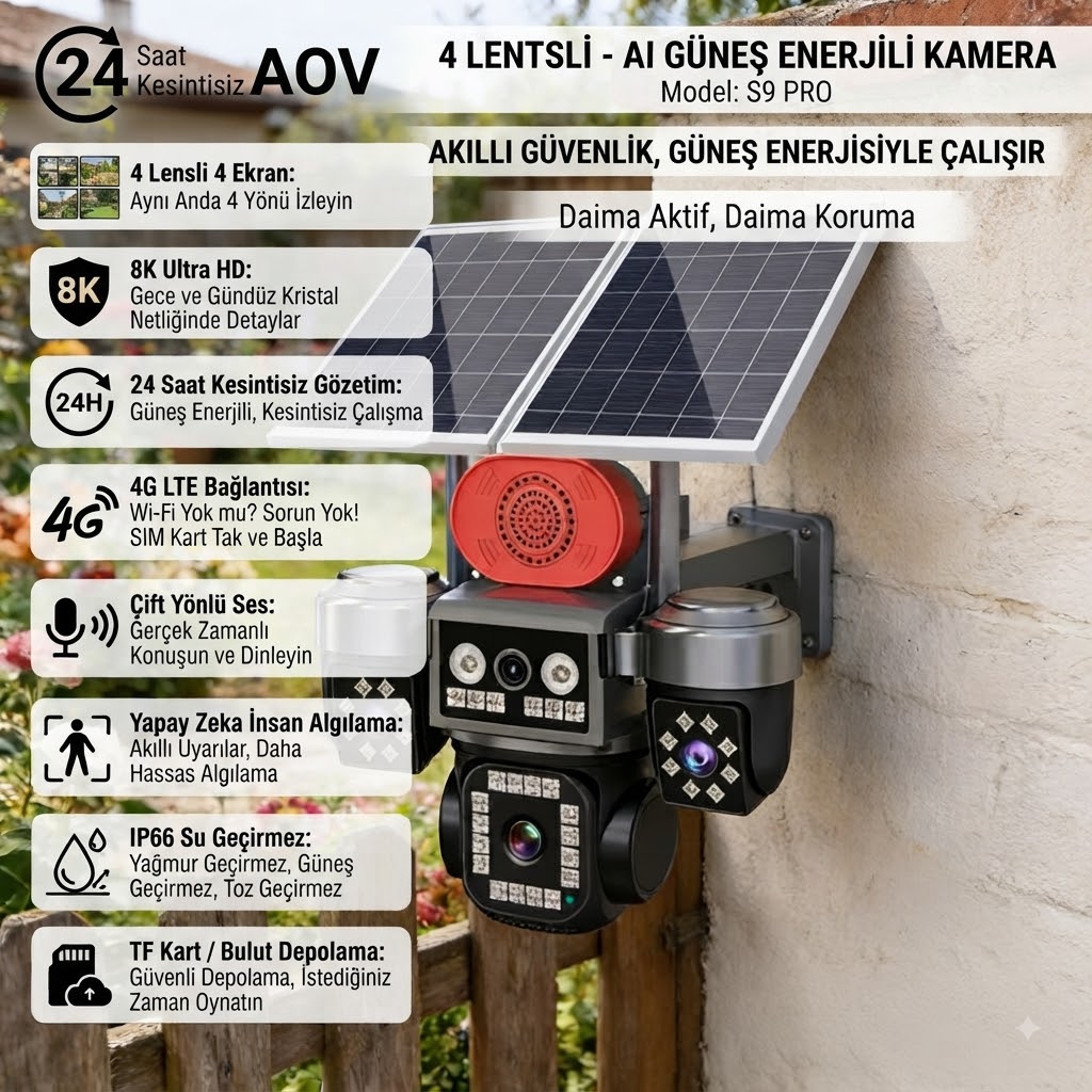 4G Çift Panelli, 4 Kameralı Solar Güvenlik Kamerası Sistemi