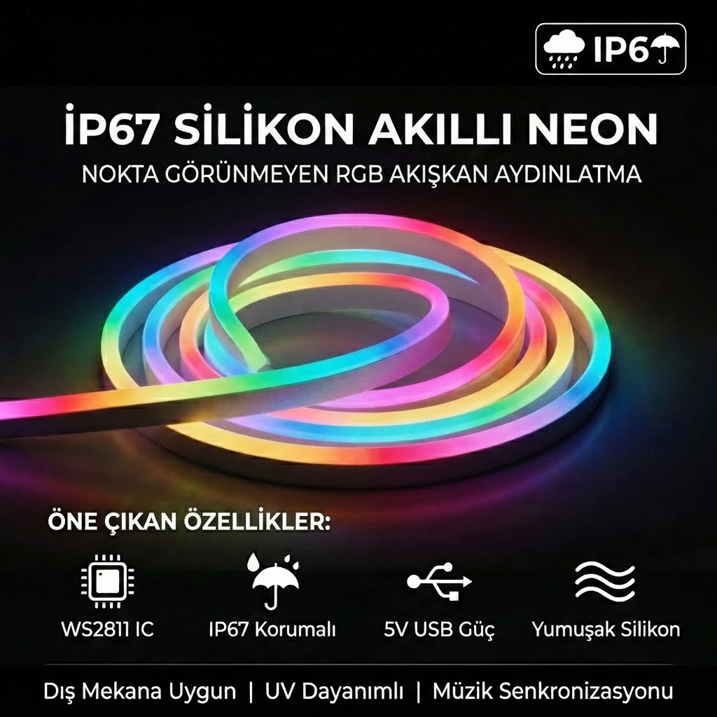 Pixel Neon LED Set 5 Metre RGB Kumandalı &Telefon Uygulama Kullanım Esnek Şerit Işık İç & Dış Mekan Dekoratif Aydı