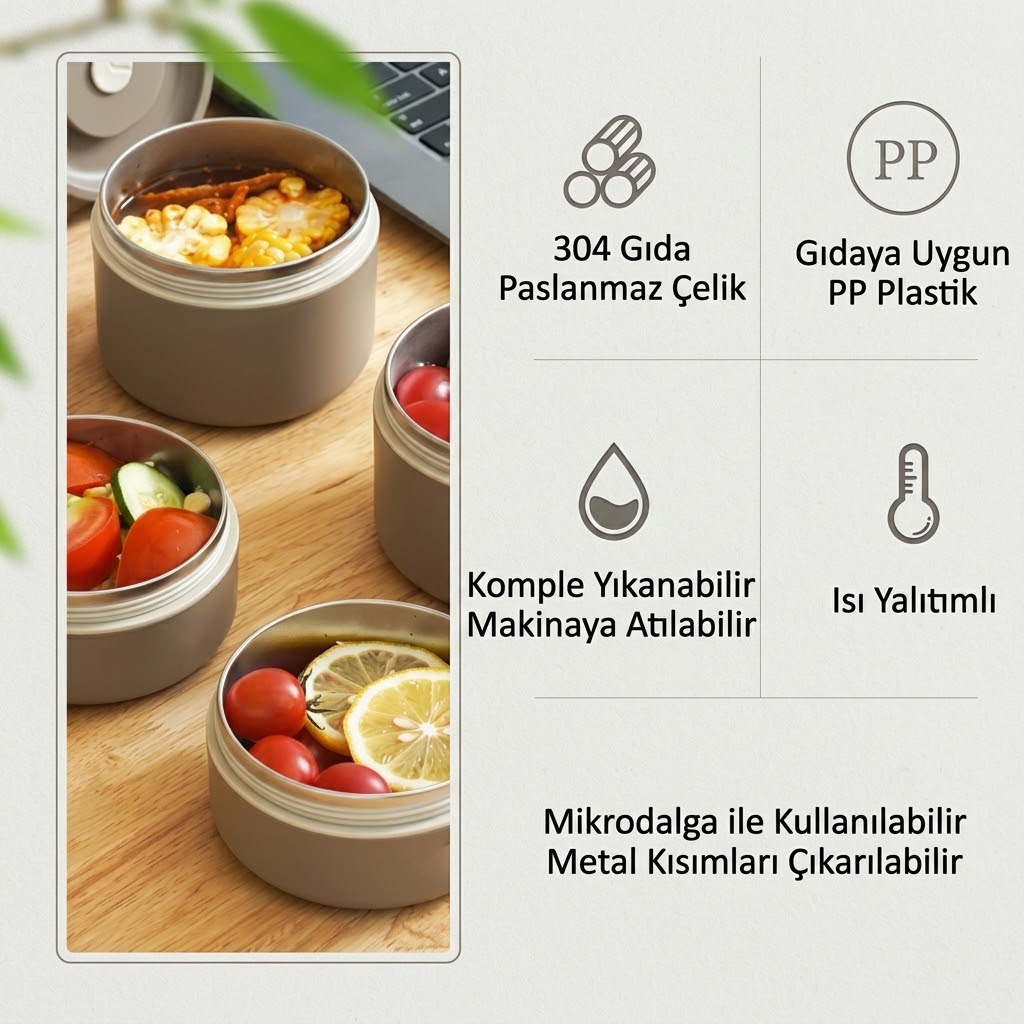 Paslanmaz Çelik Yemek Termosu Isı Yalıtımlı 2 li Set 304 Çelik Kılıflı Çantalı