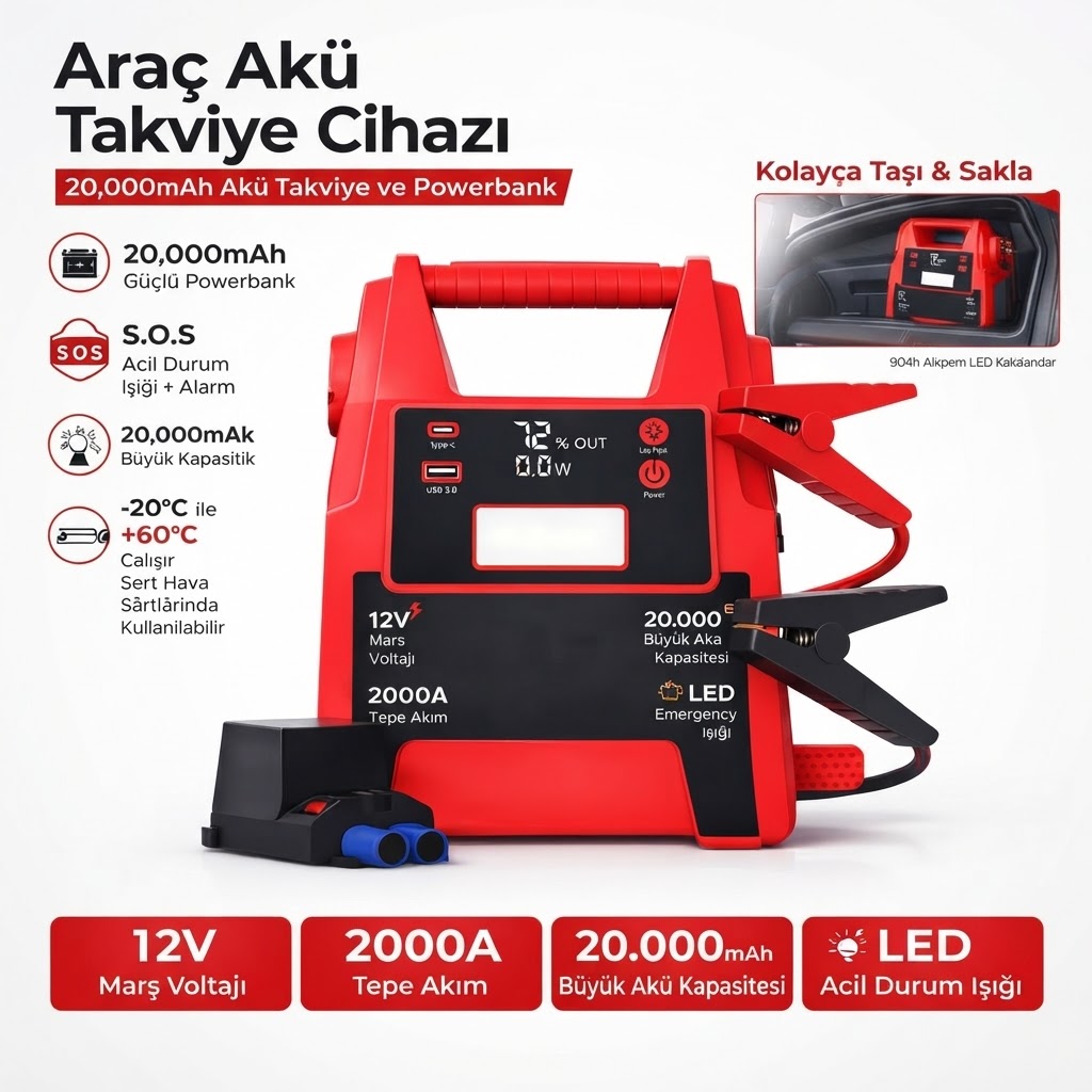 12V Araç Akü Takviye Cihazı 2000A 20000mAh Jump Starter Powerbank LED Işıklı Acil Marş