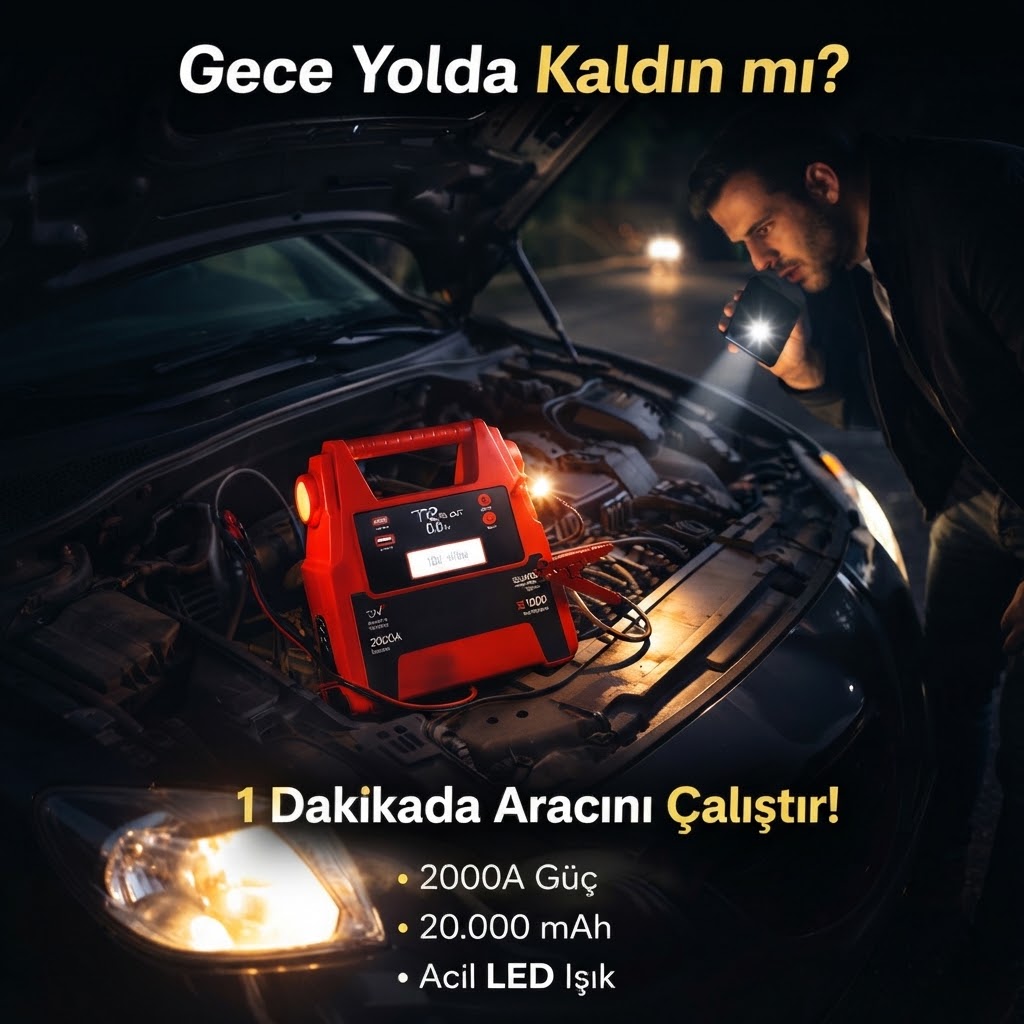 12V Araç Akü Takviye Cihazı 2000A 20000mAh Jump Starter Powerbank LED Işıklı Acil Marş