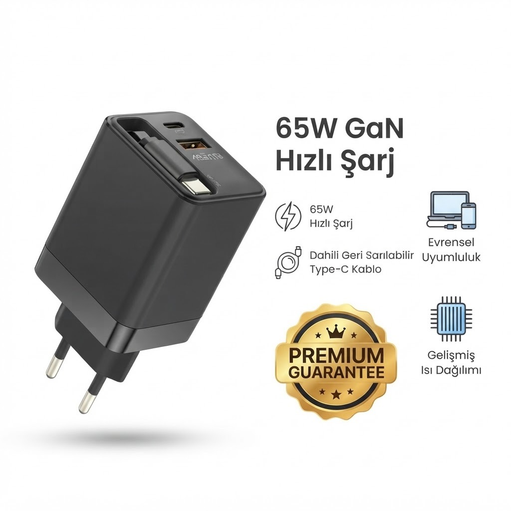 65W Süper Hızlı Şarj Cihazı | Dahili Type-C Kablo | Usb-C & Usb-A Çıkış | Çoklu Cihaz Dest