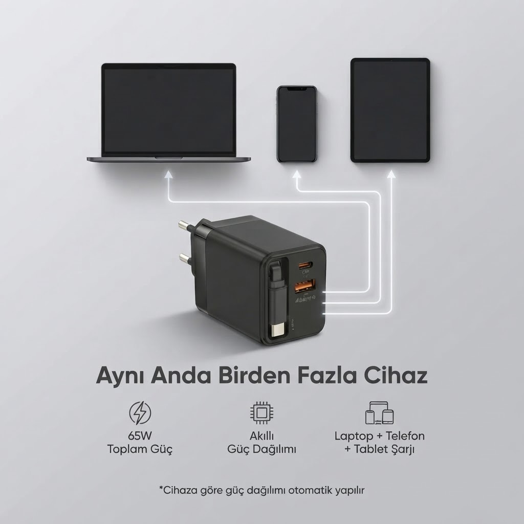 65W Süper Hızlı Şarj Cihazı | Dahili Type-C Kablo | Usb-C & Usb-A Çıkış | Çoklu Cihaz Dest
