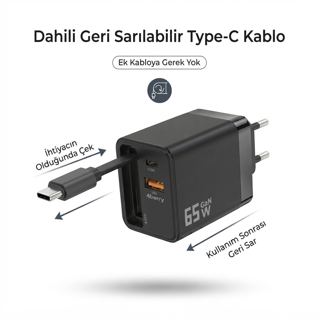 65W Süper Hızlı Şarj Cihazı | Dahili Type-C Kablo | Usb-C & Usb-A Çıkış | Çoklu Cihaz Dest