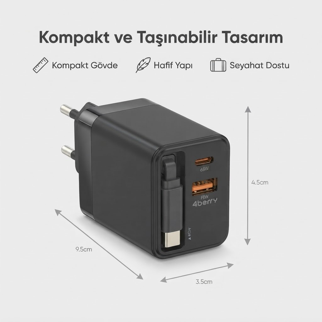 65W Süper Hızlı Şarj Cihazı | Dahili Type-C Kablo | Usb-C & Usb-A Çıkış | Çoklu Cihaz Dest