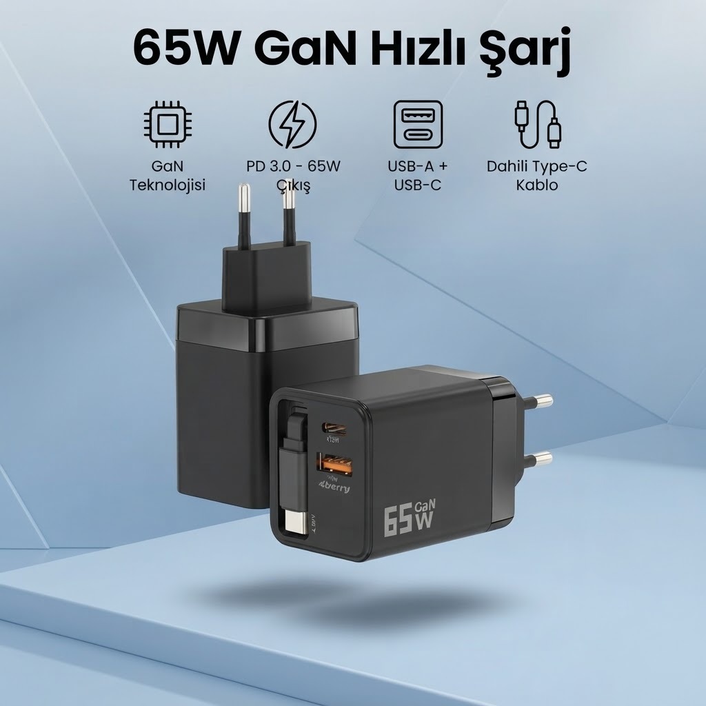 65W Süper Hızlı Şarj Cihazı | Dahili Type-C Kablo | Usb-C & Usb-A Çıkış | Çoklu Cihaz Dest