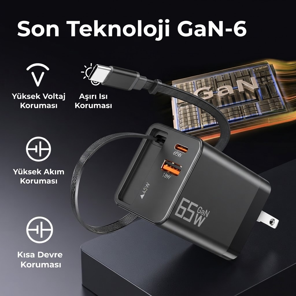 65W Süper Hızlı Şarj Cihazı | Dahili Type-C Kablo | Usb-C & Usb-A Çıkış | Çoklu Cihaz Dest