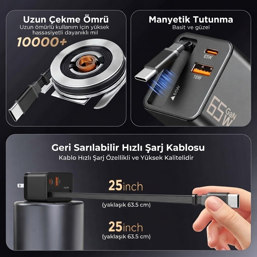 65W Süper Hızlı Şarj Cihazı | Dahili Type-C Kablo | Usb-C & Usb-A Çıkış | Çoklu Cihaz Dest