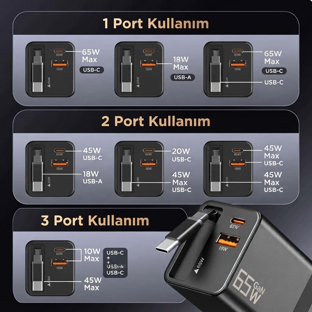 65W Süper Hızlı Şarj Cihazı | Dahili Type-C Kablo | Usb-C & Usb-A Çıkış | Çoklu Cihaz Dest