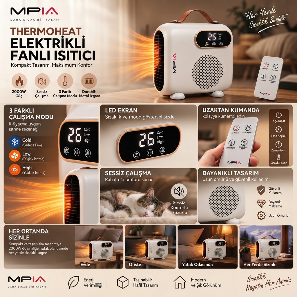 MPIA Thermoheat 2000W Uzaktan Kumandalı Elektrikli Fanlı Isıtıcı – 25 m² Etkili Portatif Masaüstü Isıtıcı