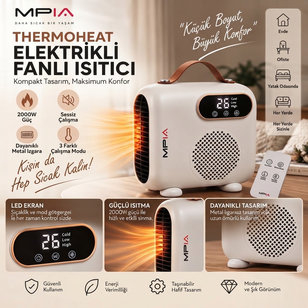 MPIA Thermoheat 2000W Uzaktan Kumandalı Elektrikli Fanlı Isıtıcı – 25 m² Etkili Portatif Masaüstü Isıtıcı