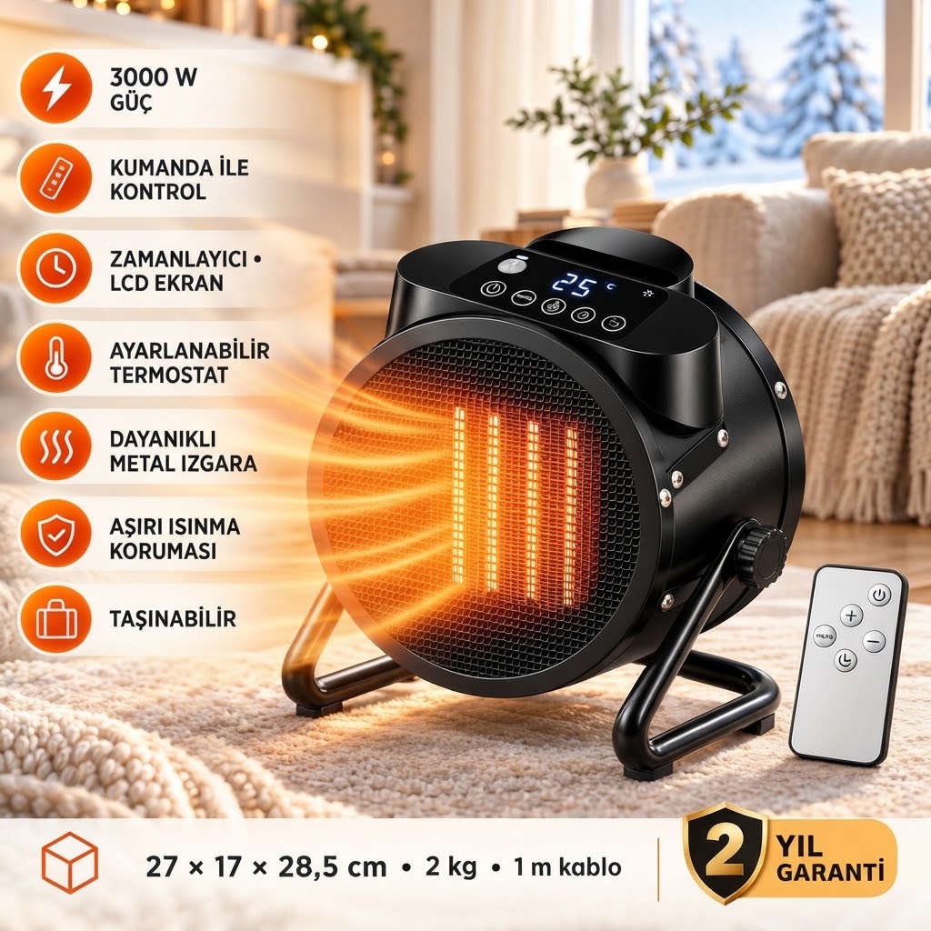 Taşınabilir Uzaktan Kumandalı 3000W Hızlı Isıtma Elektrikli Isıtıcı – 45 M² Etkili Ptc Portatif Ekranlı Fanlı Isıtıcı